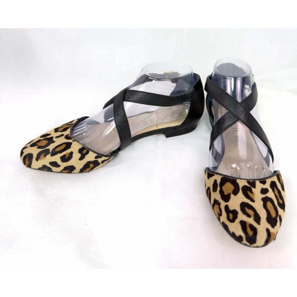Sole Society Kailista Leopard Calf Hair Flats Black Leather Ankle Strap Shoes